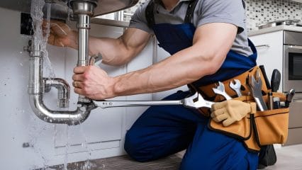 Plumber repairing pipes beneath a sink in Windsor