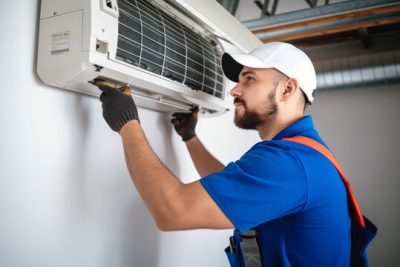HVAC technician installing a mini split air conditioner in Windsor