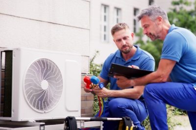 HVAC technicians installing an outdoor air conditioning unit in Windsor